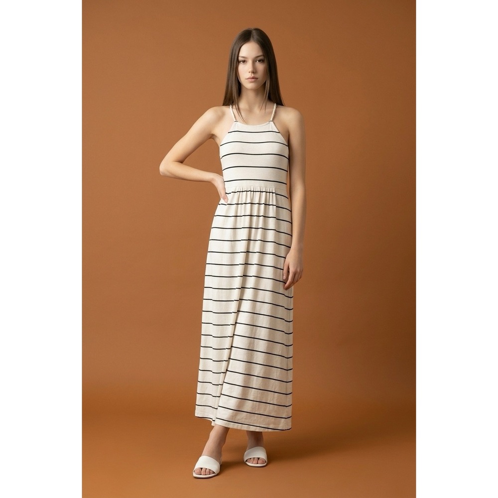 Lou & Grey White Black Striped Halter Maxi Dress XS Ribbed Knit Cross Back